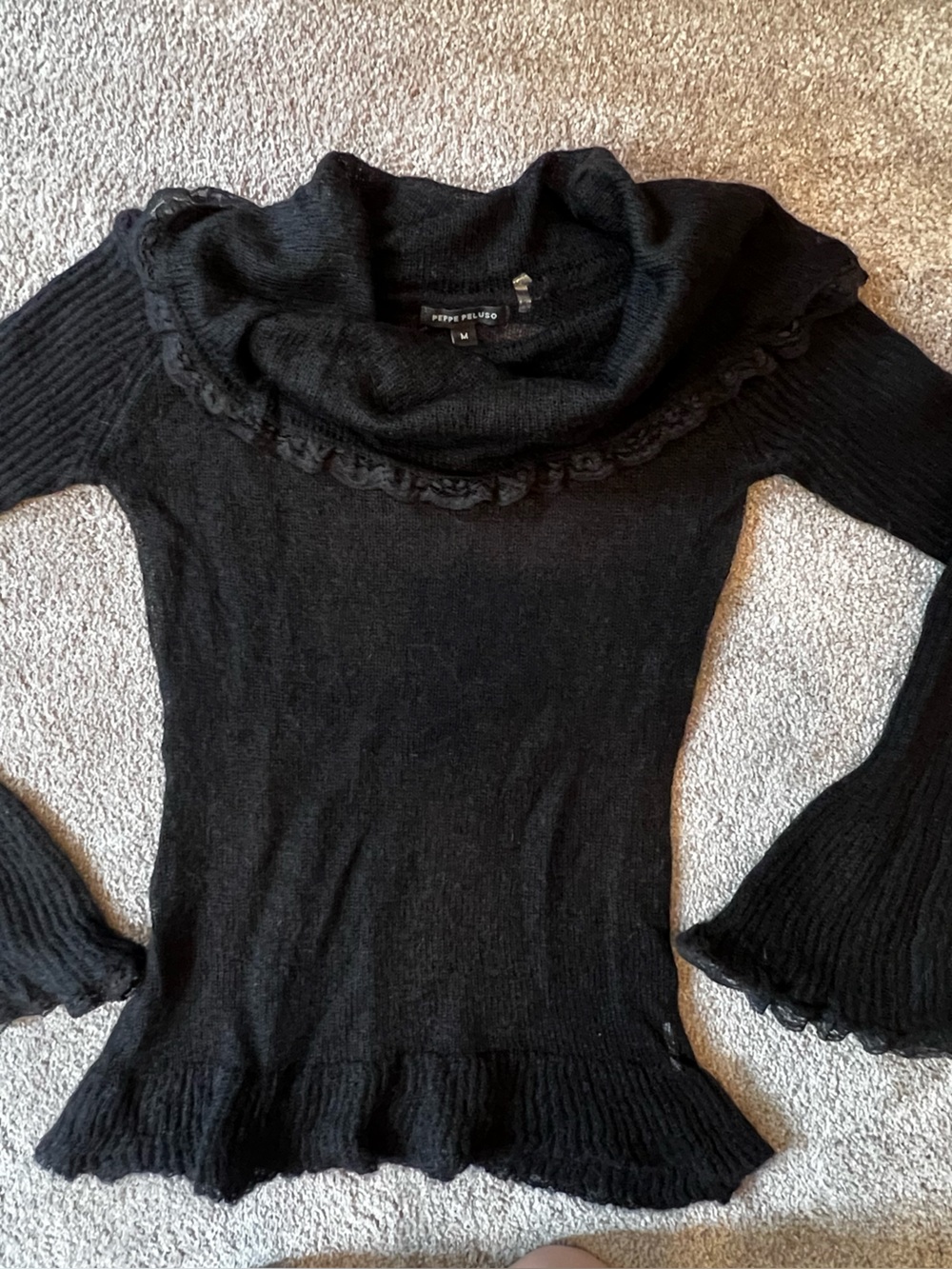 Peppe Peluso Dark Black Ruffle & Lace Trim Cowl Neck WOOLSweater SHEER - Size M